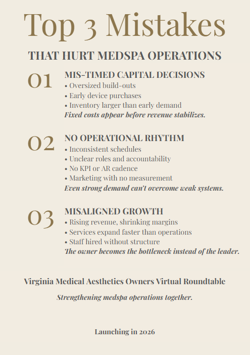 Graphic listing the top three mistakes in emerging medspa operations: mis-timed capital decisions, lack of operational rhythm, and misaligned growth. Virginia Medical Aesthetics Operators Roundtable launching in 2026.